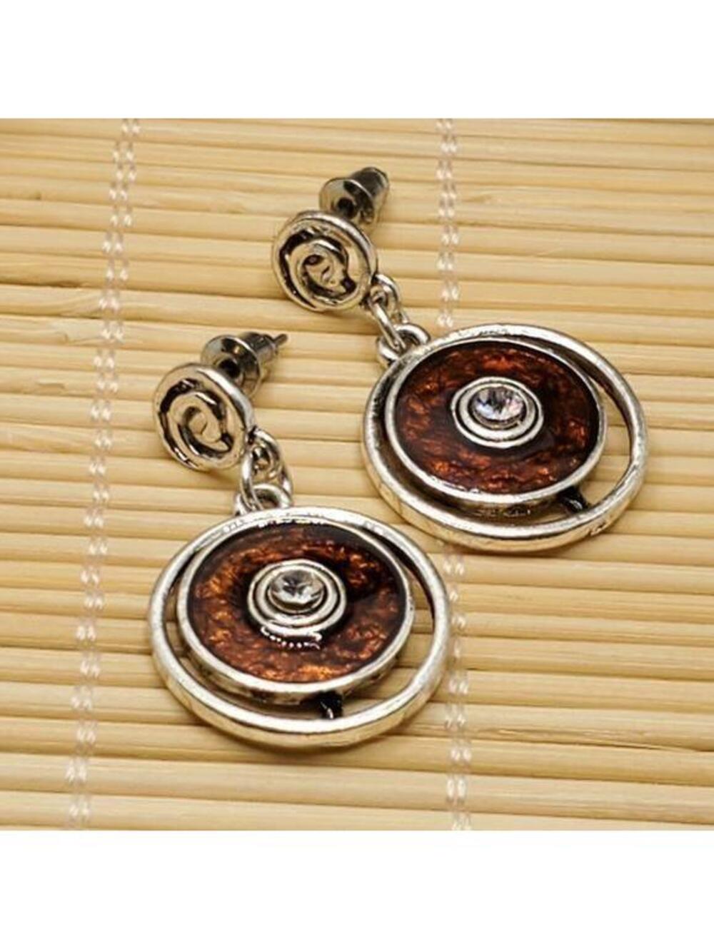 Mid Century Enamel Earrings Silver Brown